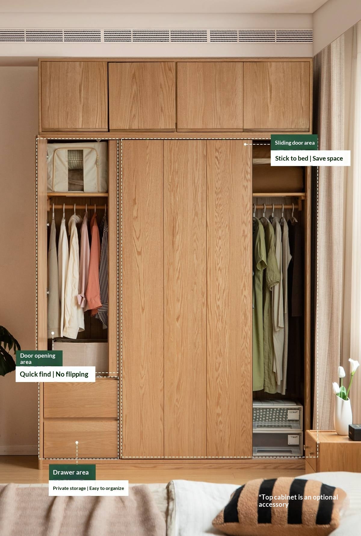 Oak Solid Wood Modern Storage Wardrobe with Casual Style