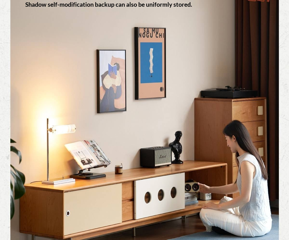 Cherry Solid Wood Bauhaus TV Stand with Color-Block Storage