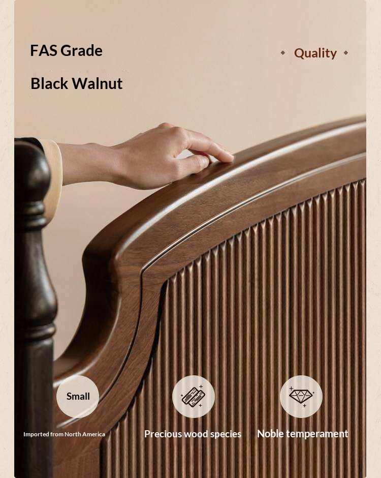 Black Walnut Solid Wood Bed with Reeded Arched Headboard and Turned Corner Posts