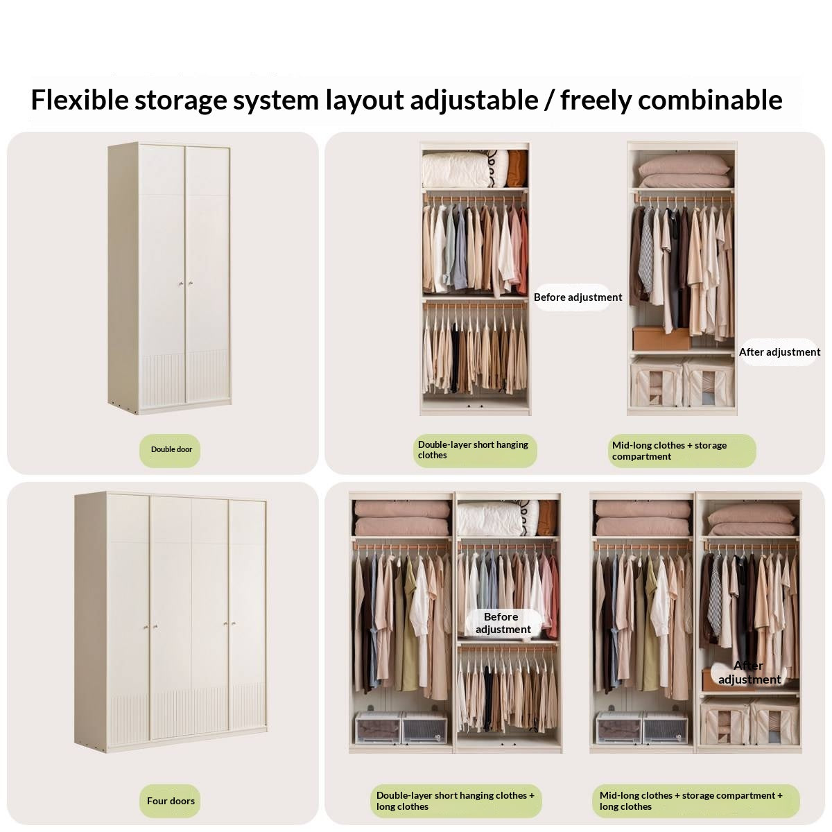 Pine Solid Wood Wardrobe with French Cream Finish and Double Doors