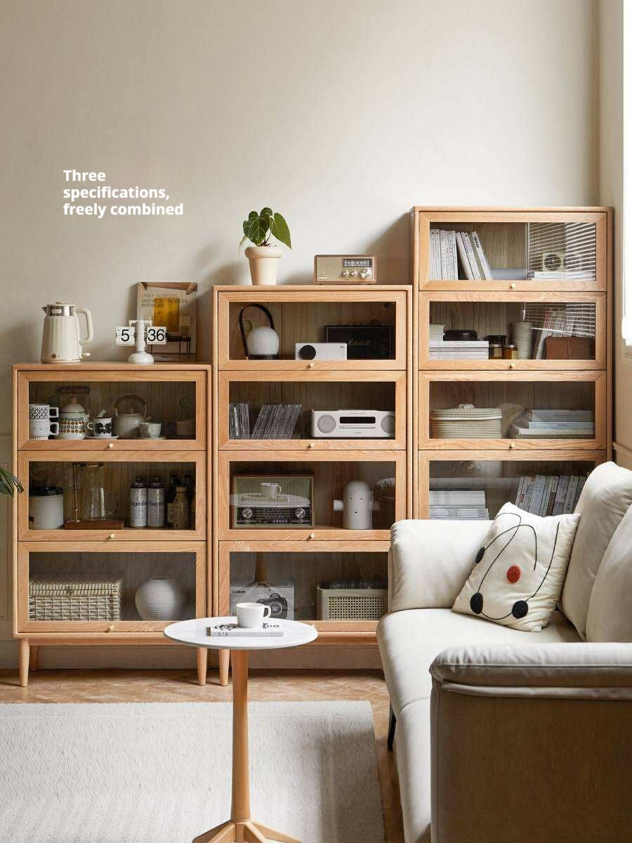 Solid Rubberwood, Oak Solid Wood Multi layer Flip Door Glass Bookcase