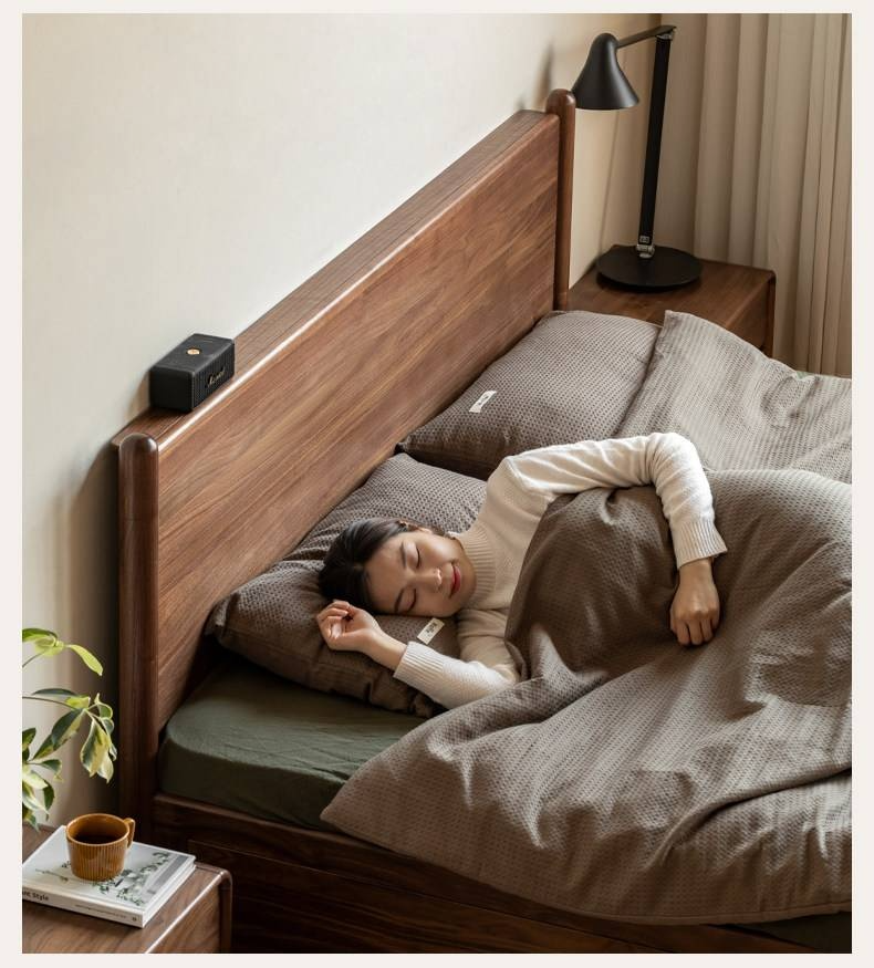 Black Walnut Solid Wood Adjustable Storage Bed with Flat Panel Headboard