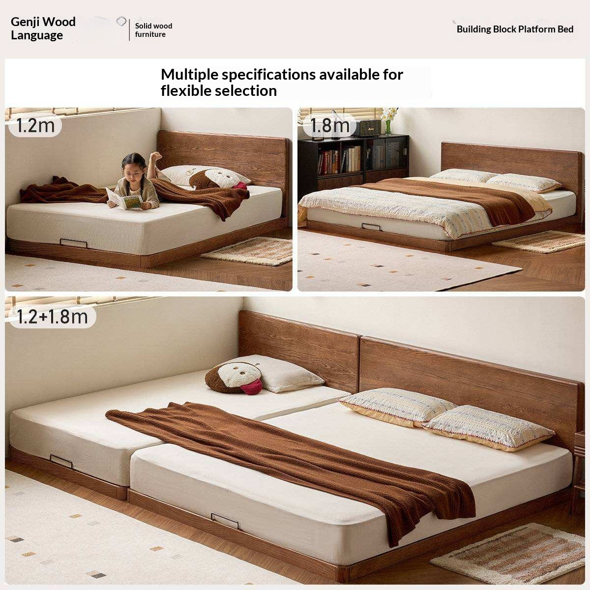 Oak Solid Wood Bed with Removable Headboard and Low Floor Design