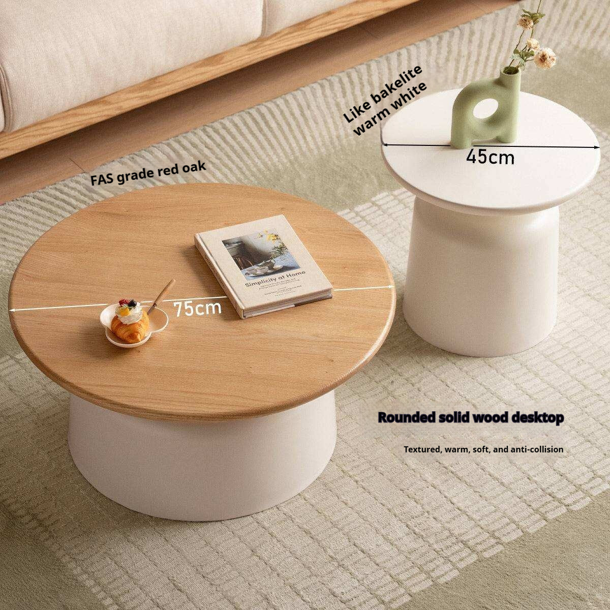Oak Solid Wood, Solid RubberWood Round Nesting Coffee Tables, Modern Cream Style