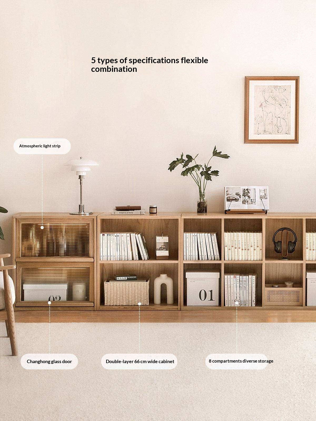 Black Walnut, Oak Solid Wood Small Combination Bookcase.