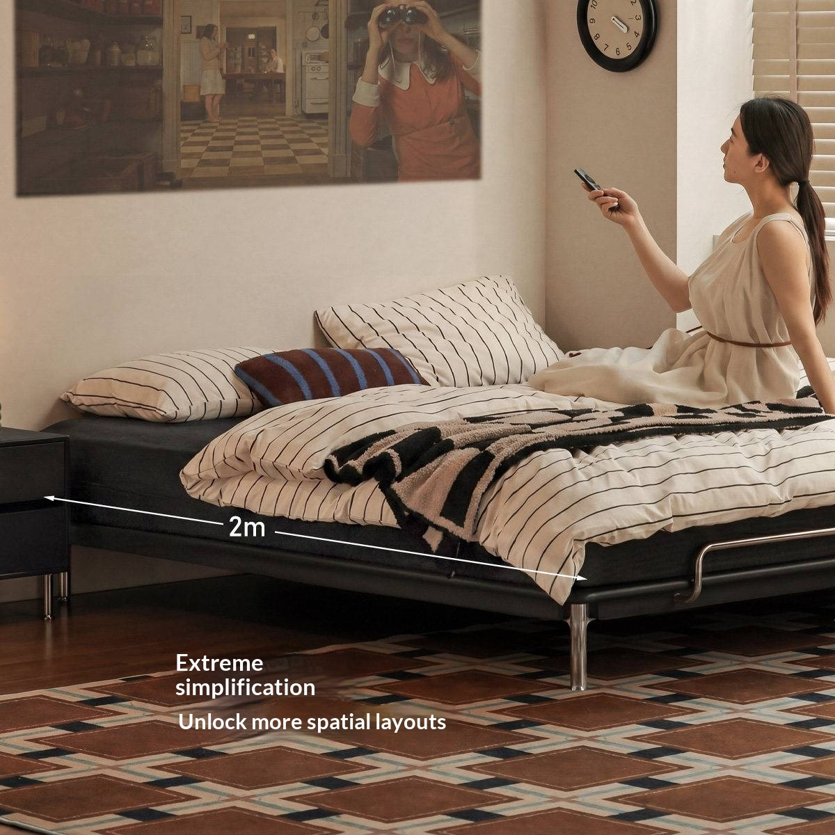 Rubberwood Solid Wood Minimalist Platform Bed with Angled Metal Legs