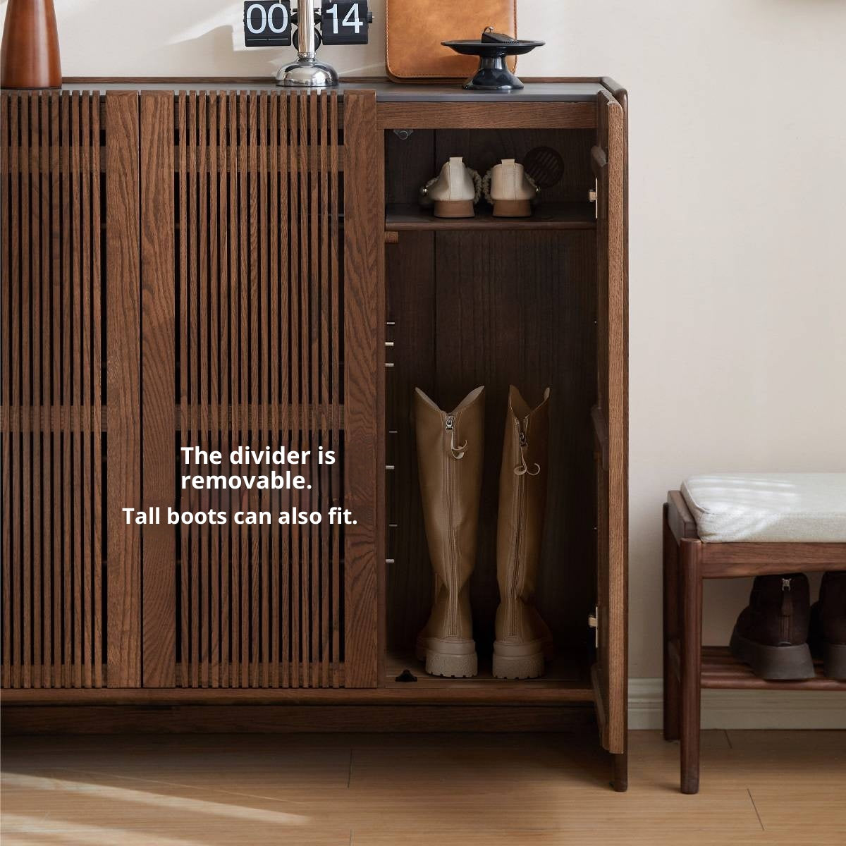 Oak Solid Wood Modern Slatted Shoe Cabinet with Ventilated Doors