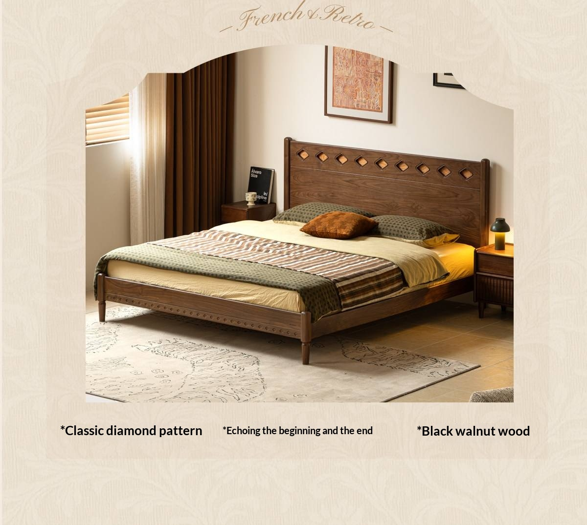 Black Walnut Solid Wood Mid-Century Classic Bed with Cherry Accent Headboard
