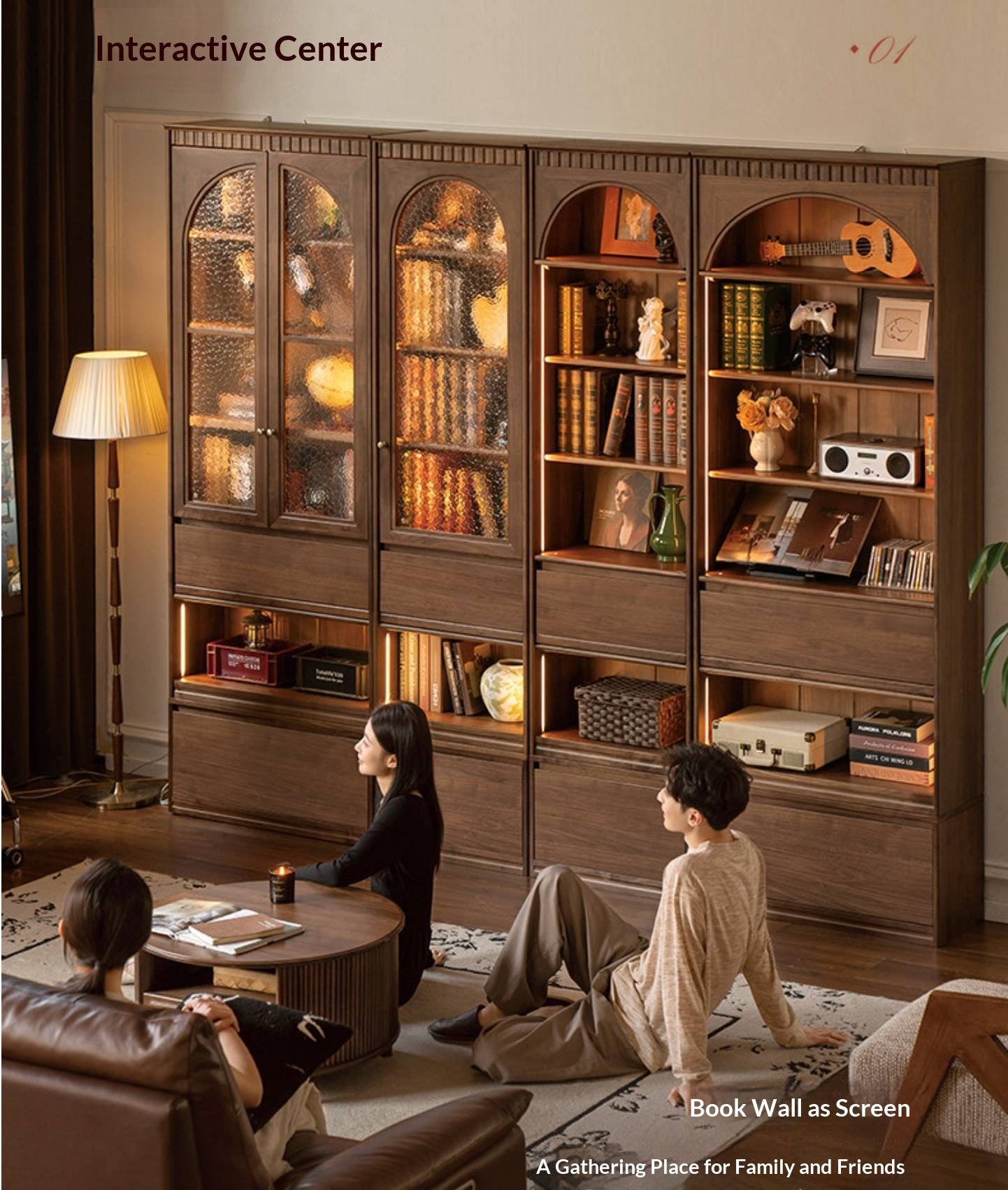 Black Walnut, Solid Sandalwood Arched Vintage Bookcase with Glass Door and Storage Drawer