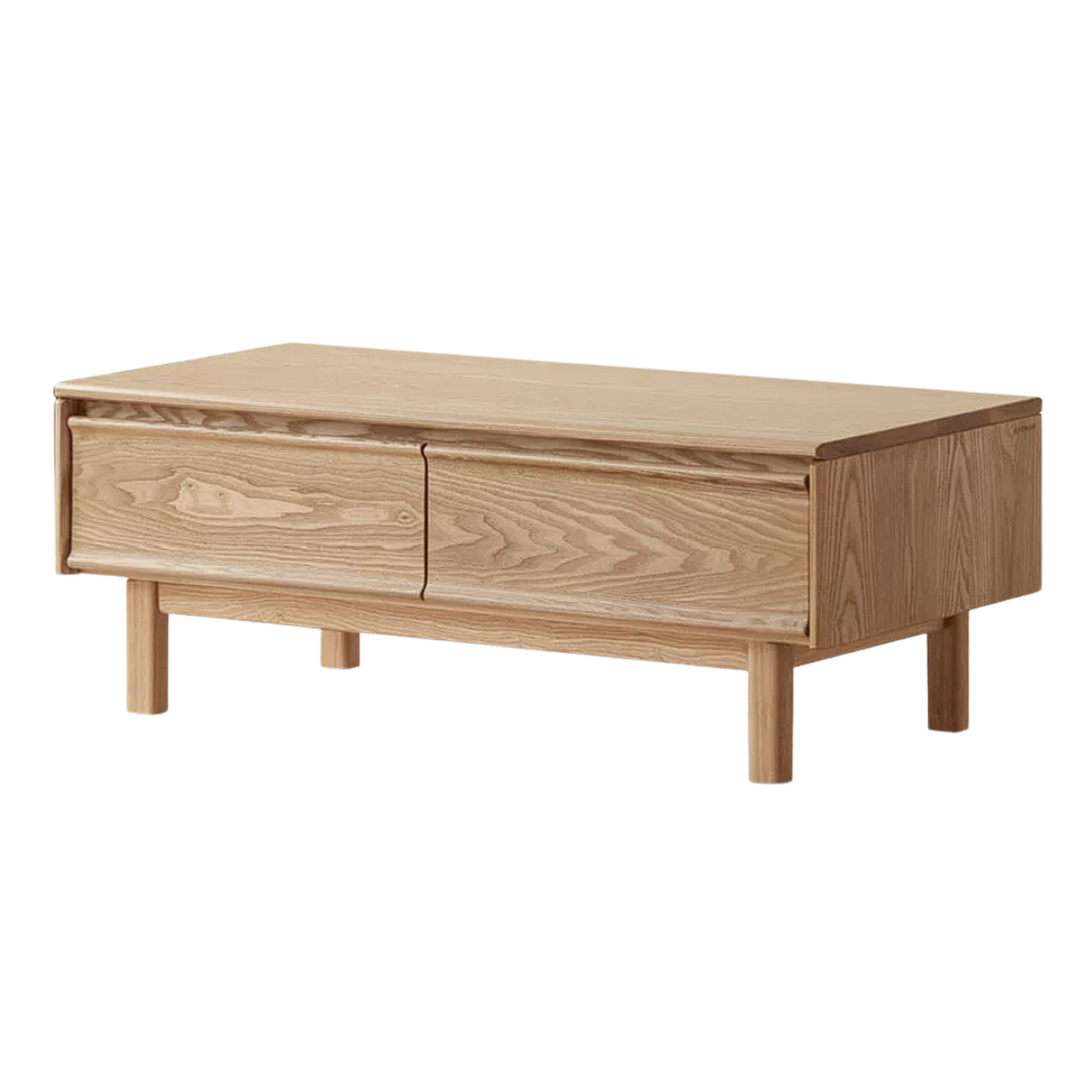 Ash Solid Wood Coffee Table with Beveled Edge, Two Drawers, Tapered Legs