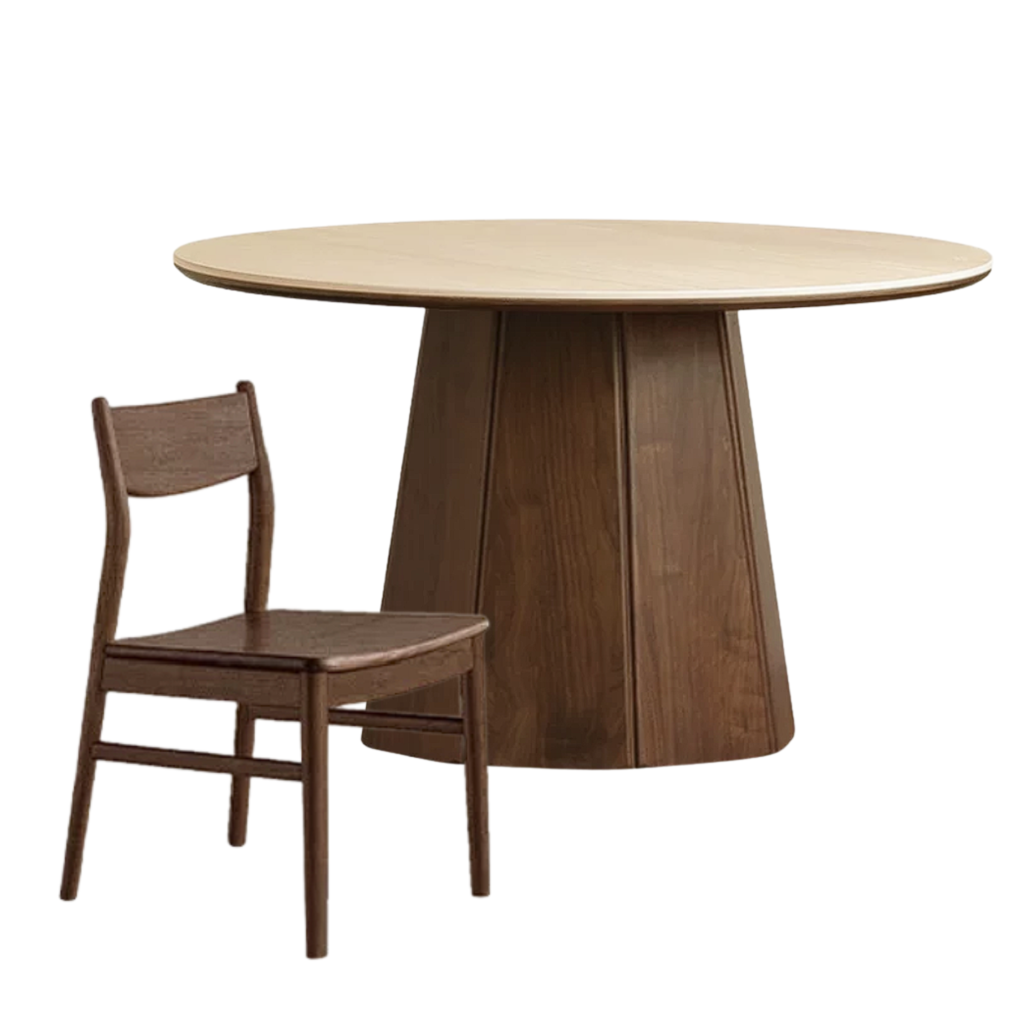 Black Walnut, Ash, Golden Pearwood Solid Wood Round Dining Table with Fluted Cone Pedestal Base