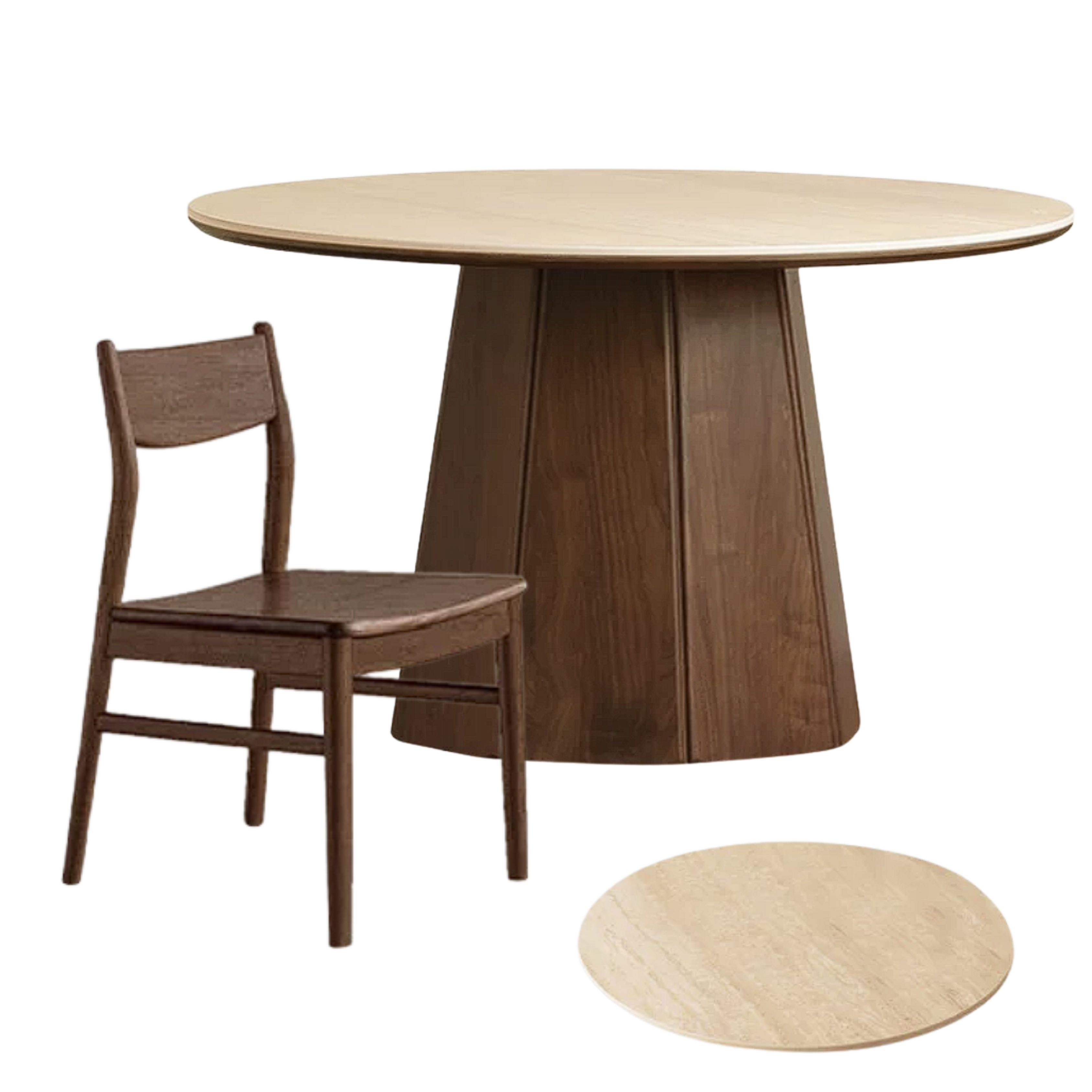 Black Walnut, Ash, Golden Pearwood Solid Wood Round Dining Table with Fluted Cone Pedestal Base