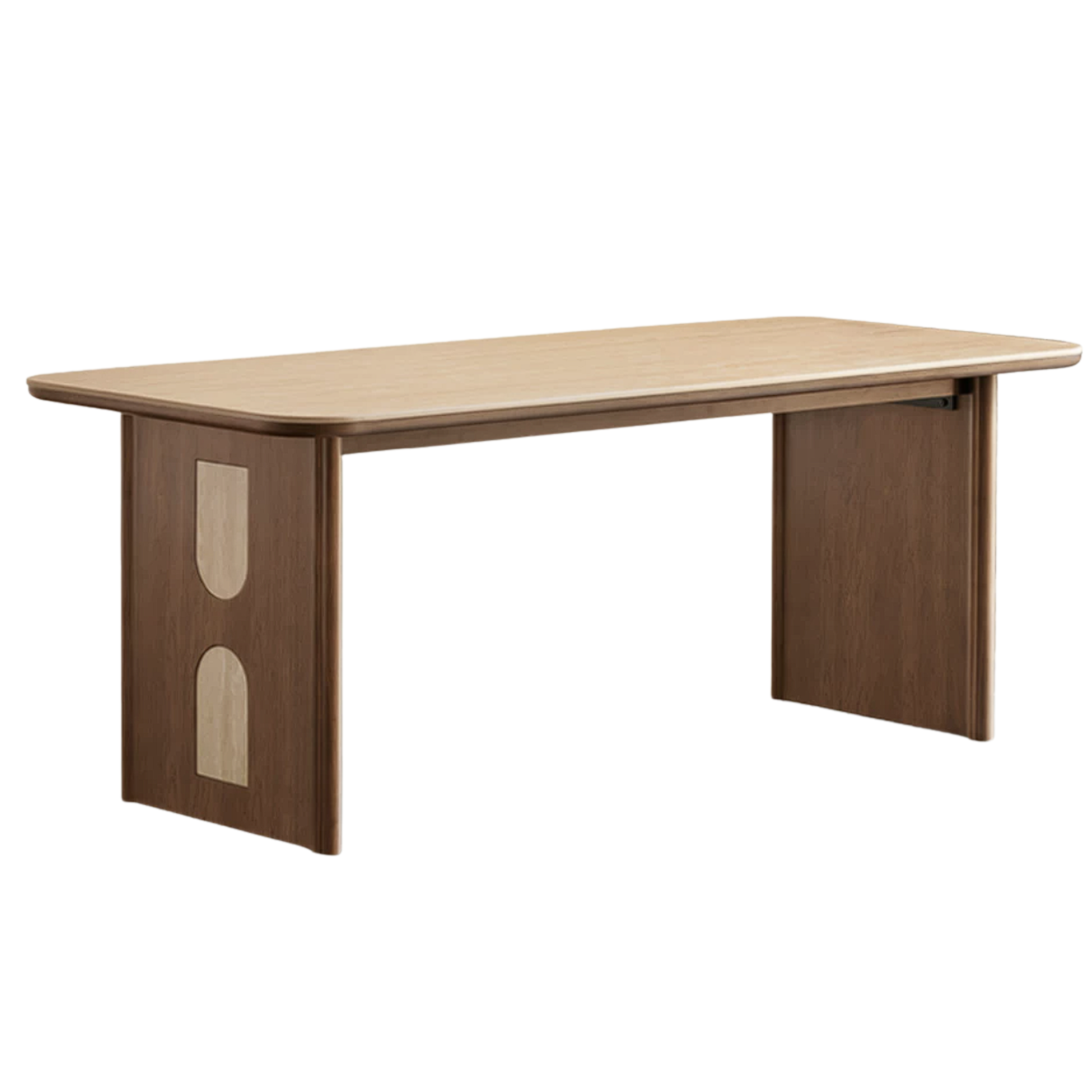 Black Walnut, Golden Sandalwood Solid Wood Dining Table with Arched Cutout Panel Legs and Two-Tone Inlay