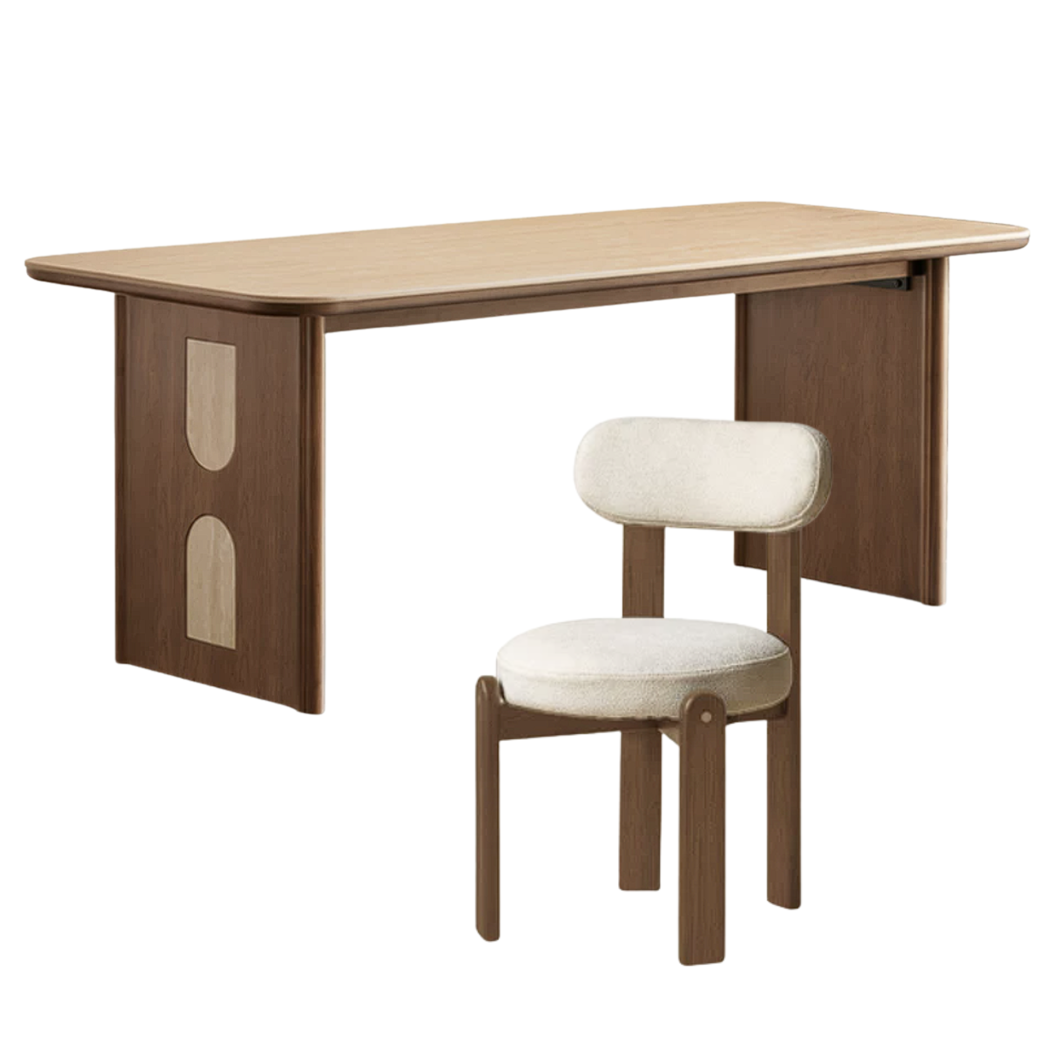 Black Walnut, Golden Sandalwood Solid Wood Dining Table with Arched Cutout Panel Legs and Two-Tone Inlay