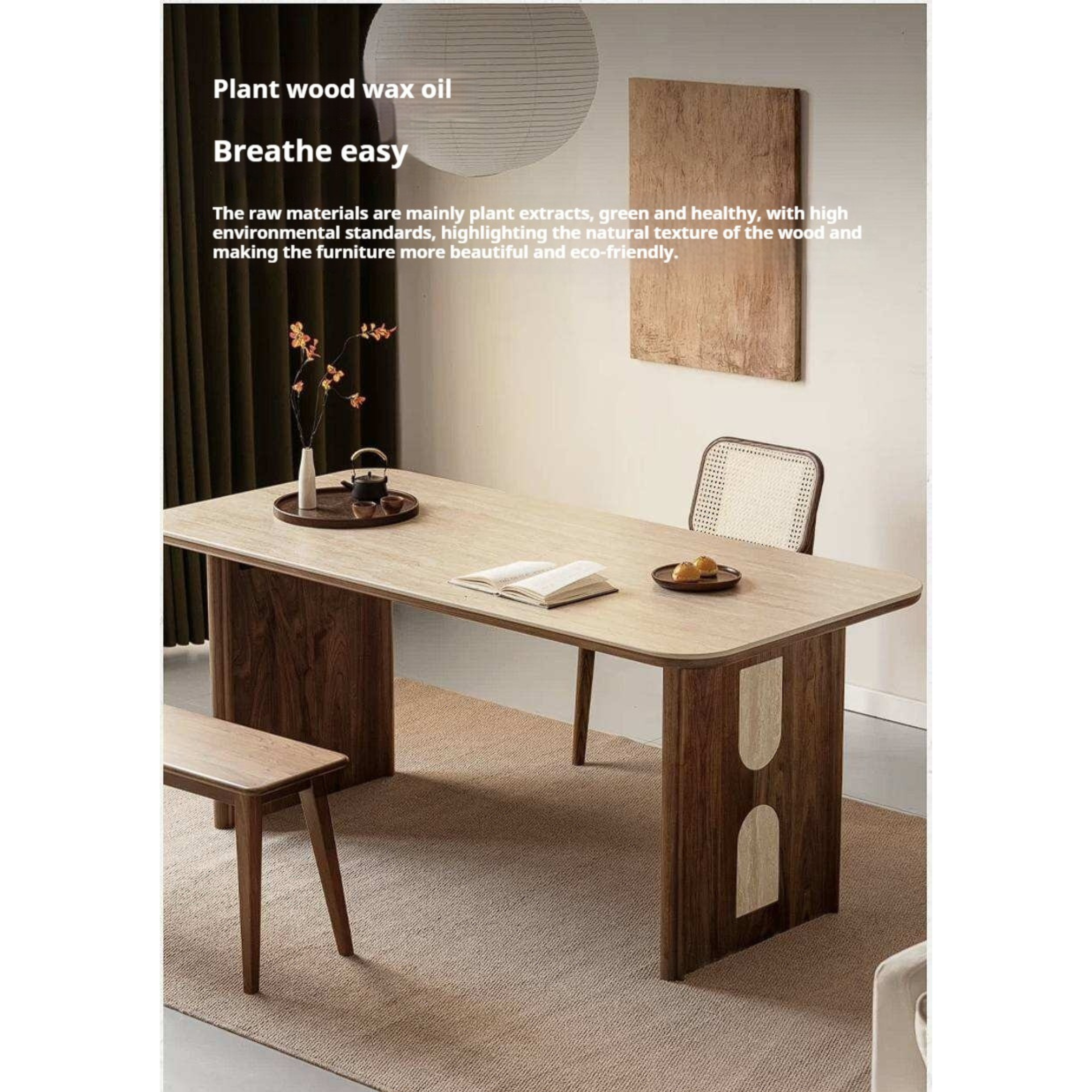 Black Walnut, Golden Sandalwood Solid Wood Dining Table with Arched Cutout Panel Legs and Two-Tone Inlay