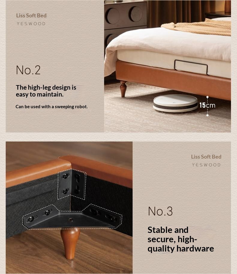 Ash Solid Wood Fabric Retro Edge Detachable Washable Soft Leaning Bed