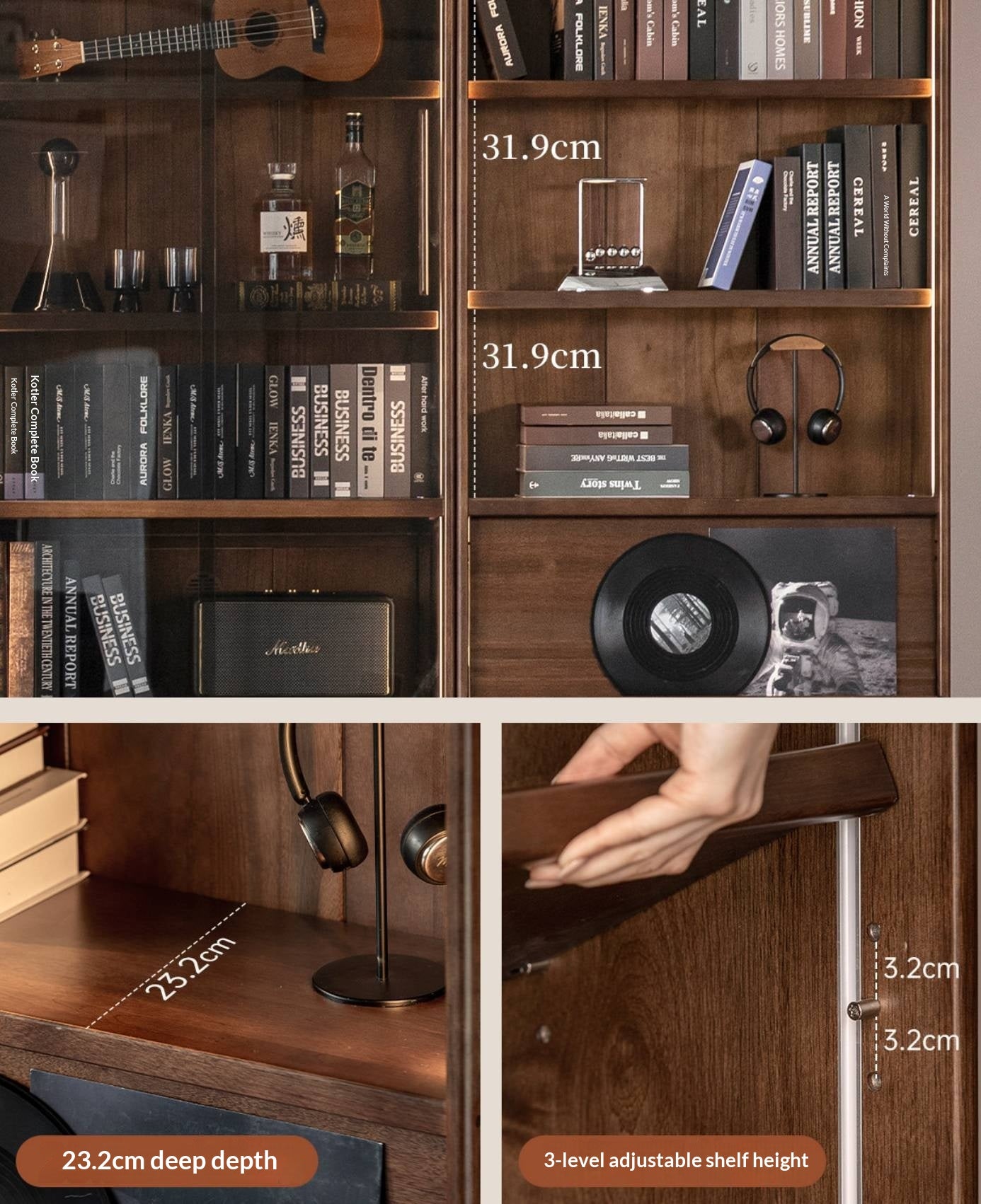 Black Walnut, Ash Solid Wood Combination Bookcase with Floor Display and Luxury Storage