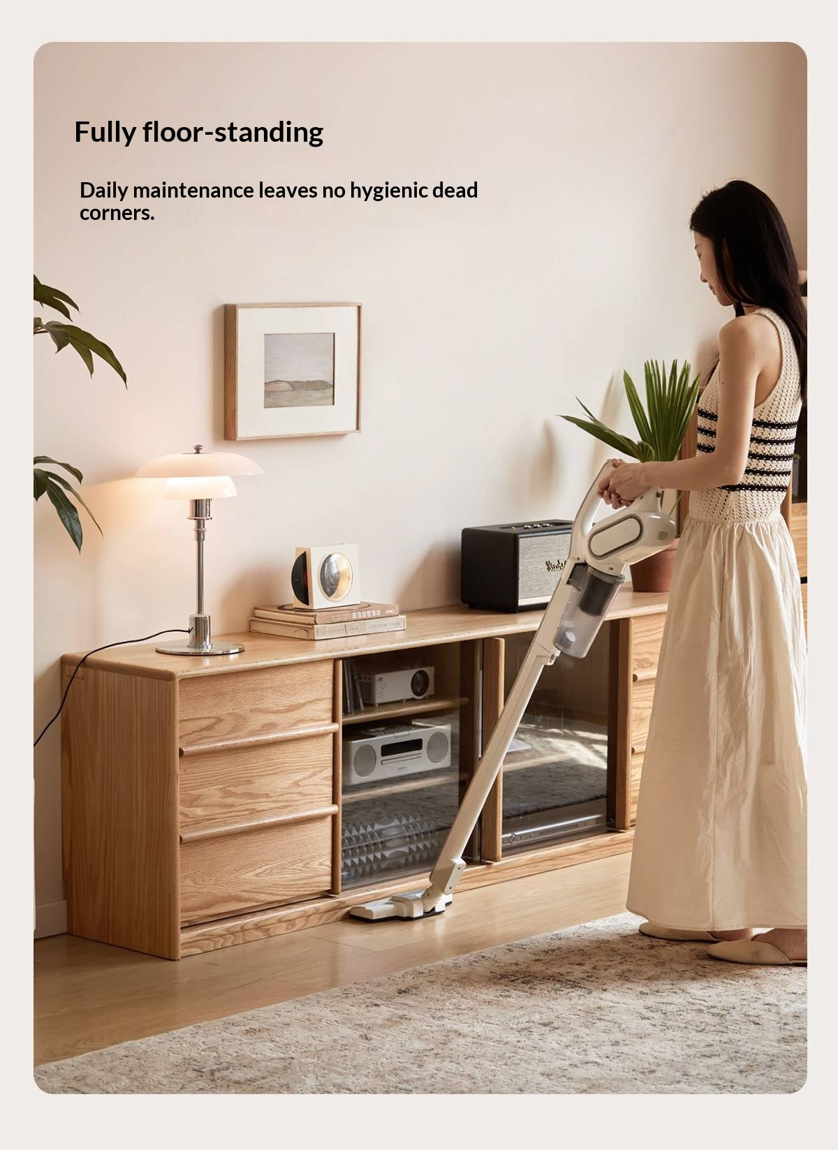 Oak Solid Wood TV Stand with Sliding Glass Doors and Drawers