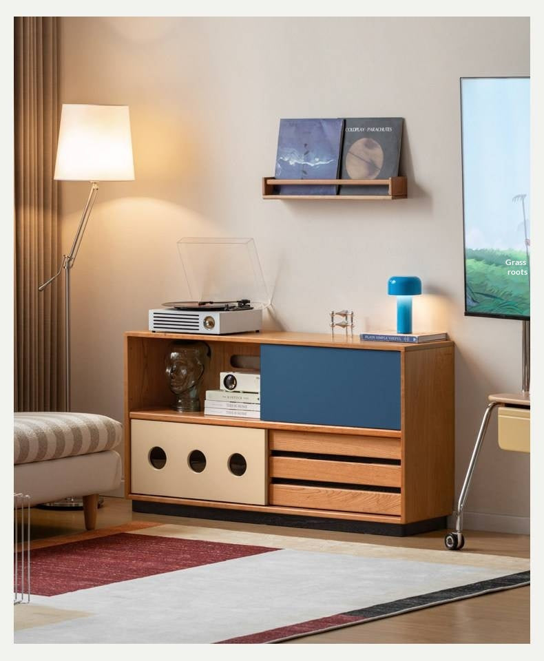 Cherry Solid Wood Vintage TV Stand with Wall-Mounted Tall Cabinet Design