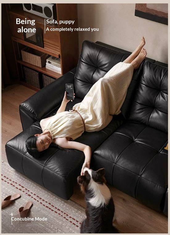 Genuine Leather Tufted Pull-Out Sleeper Sofa with Storage Chaise