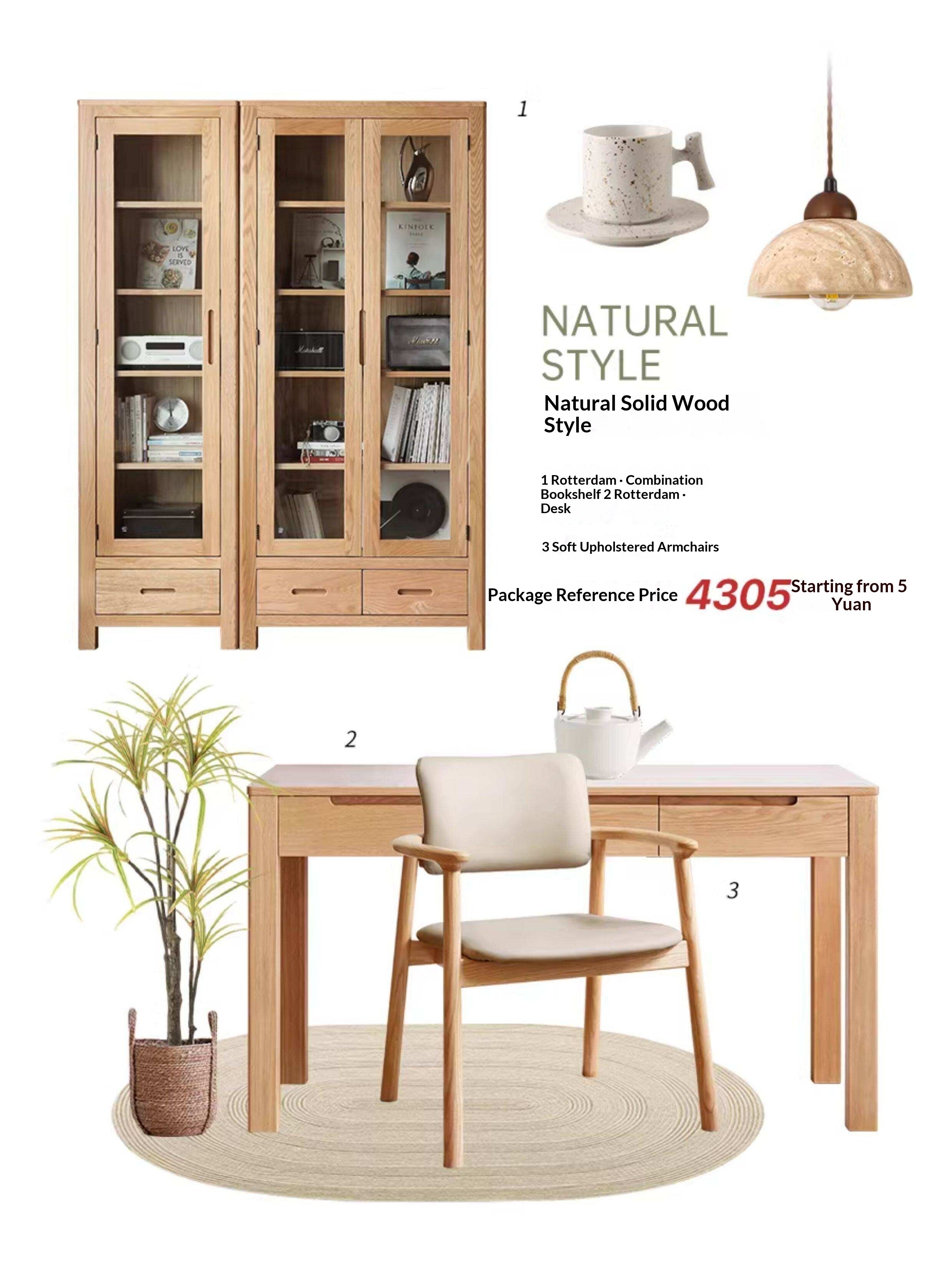 Oak, Solid Rubberwood Modern Bookcase with Glass Door Display Cabinet
