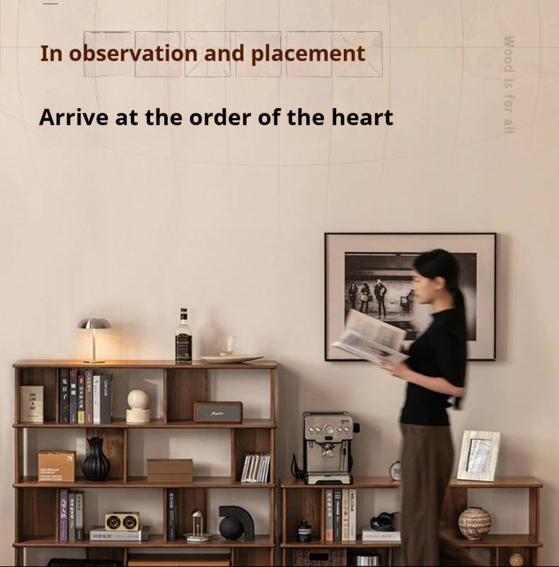 Black Walnut, Sandalwood Solid Wood Bookshelf with Light Luxury Display Shelves