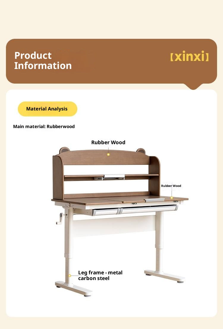 Solid Rubberwood Children s Hand-cranked Height Adjustable Desk