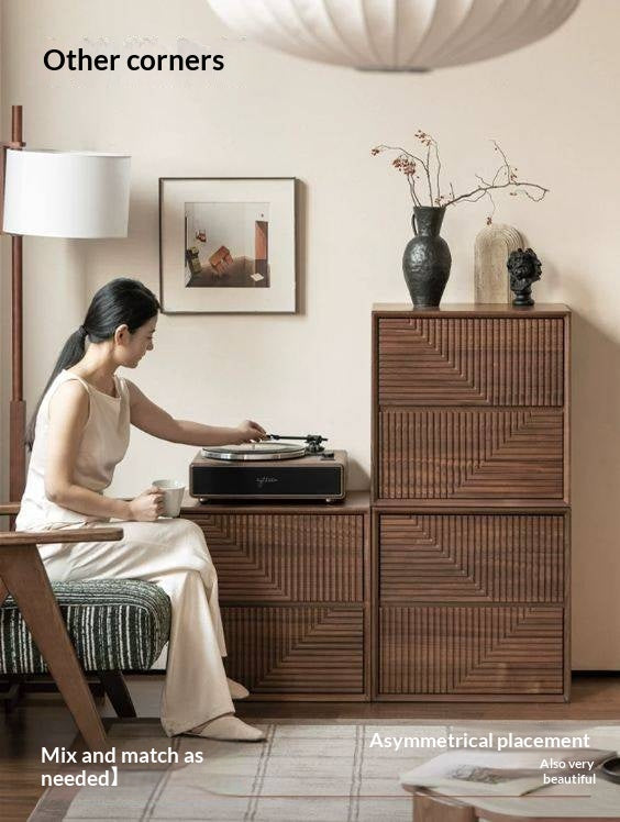 Black Walnut, Sandalwood Solid Wood Modular Storage Cabinet, Mid Century Dresser with Geometric Front Design