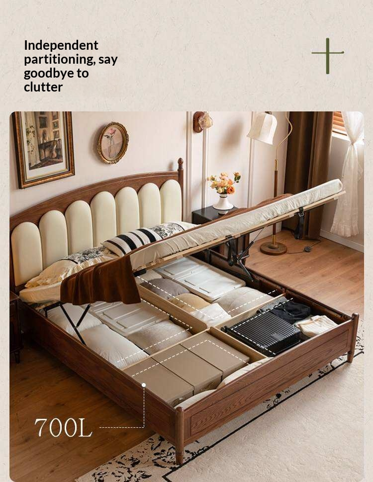 Oak Solid Wood Box Bed with Upholstered Vertical Channel Tufted Arched Headboard