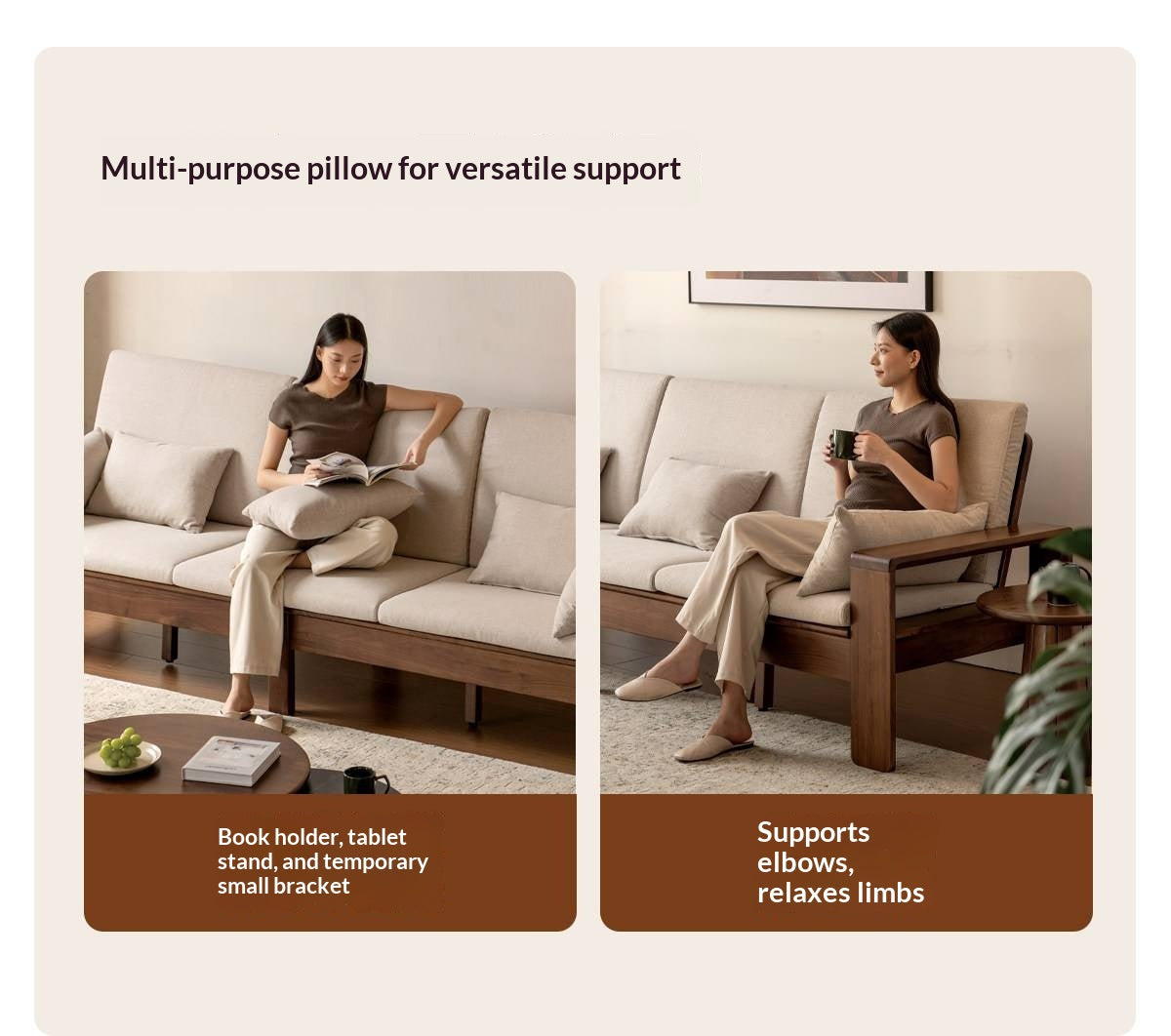 Black Walnut, Sandalwood Solid Wood Fabric Sofa with Raised Legs, Winter/Summer Use