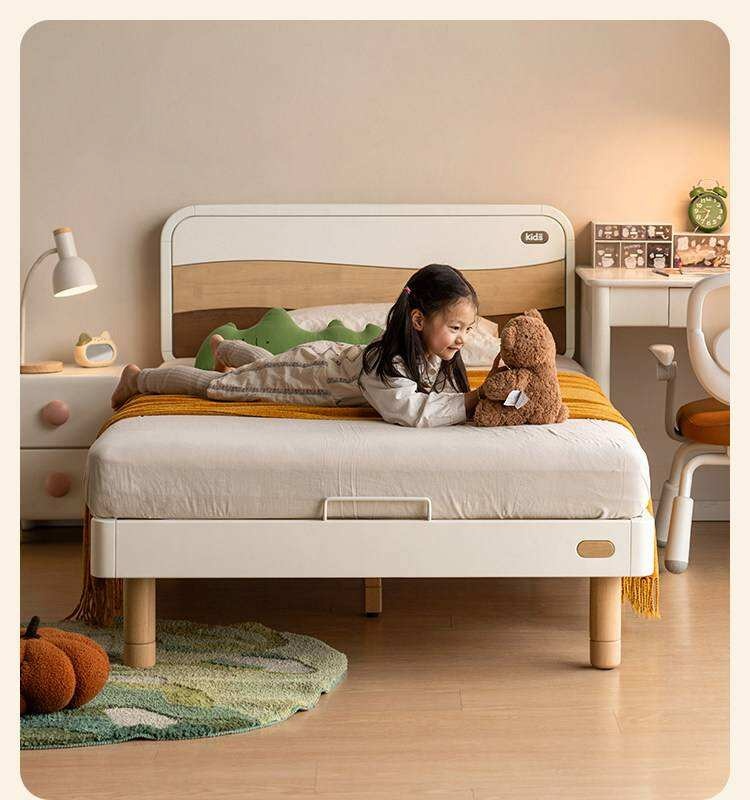 Rubberwood Solid Wood Kids Montessori Platform Bed with Adjustable Headboard, Warm White