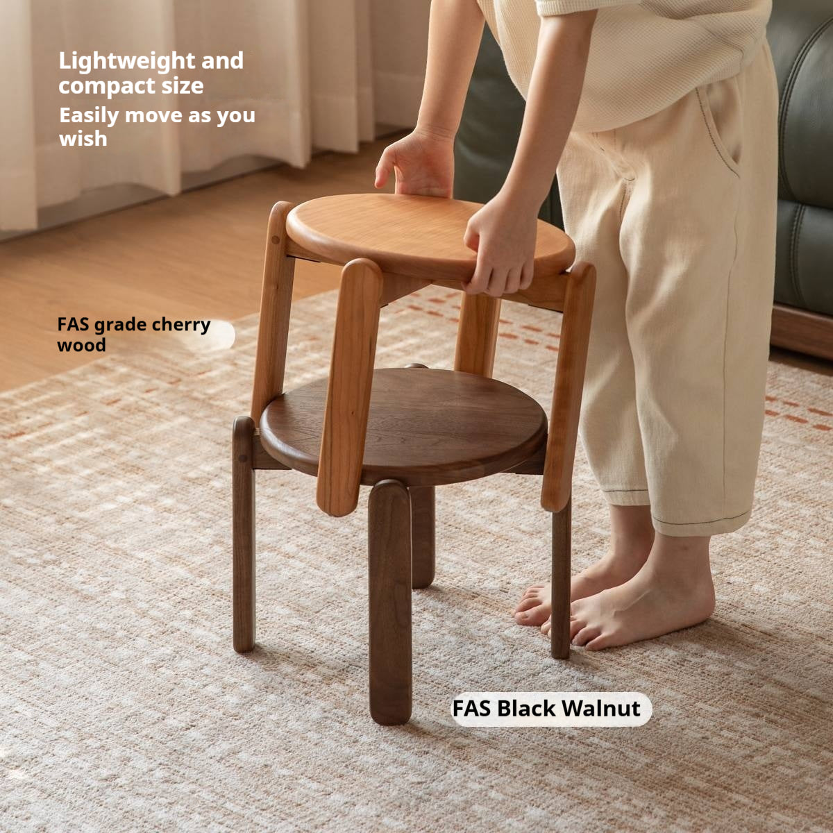 Black Walnut, Cherry Solid Wood Stacked Round Stool