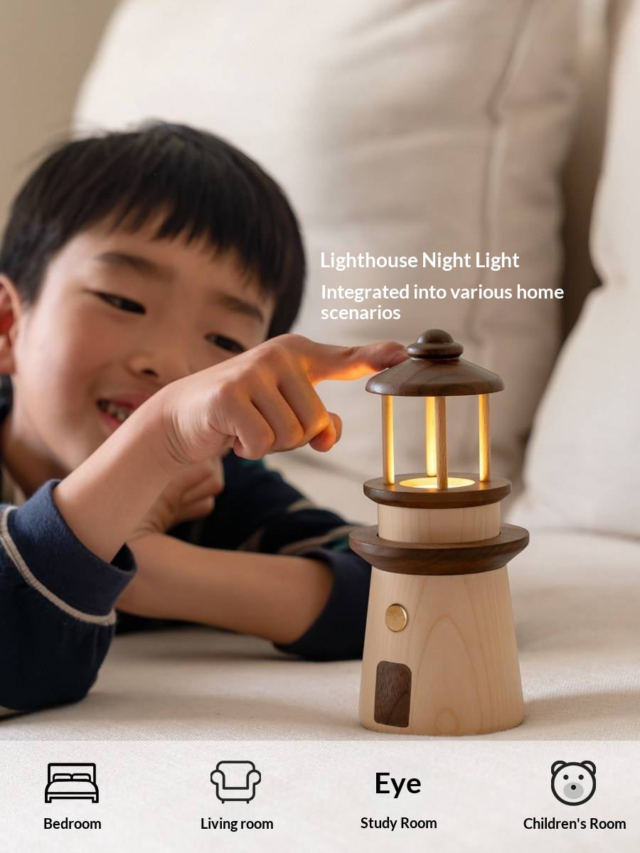 Black Walnut, Maple Solid WoodLighthouse Night Light for Bedroom and Bedside