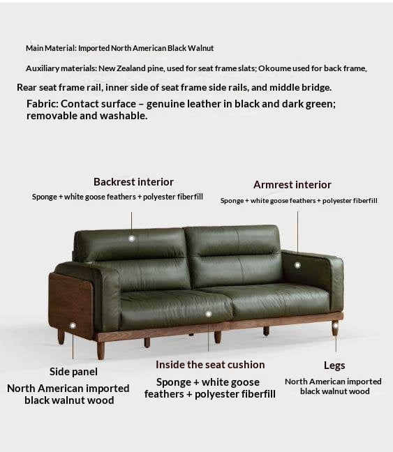 Black Walnut, Ash,  Sandalwood Solid Wood Genuine Leather, fabrics Sofa with High-Back Design