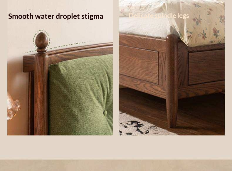 Oak Solid Wood French Country Tufted Storage Bed with Gas Lift and Turned Posts