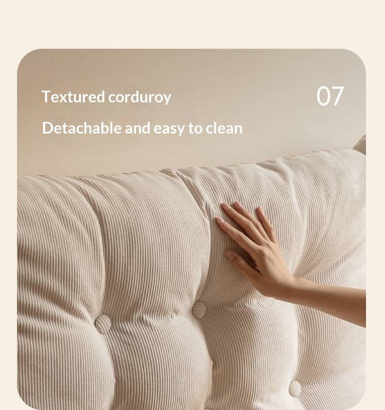 Oak, Rubberwood Solid Bed with Cream Finish — Casual Bedside with Soft Bag Backrest and White Soft Back