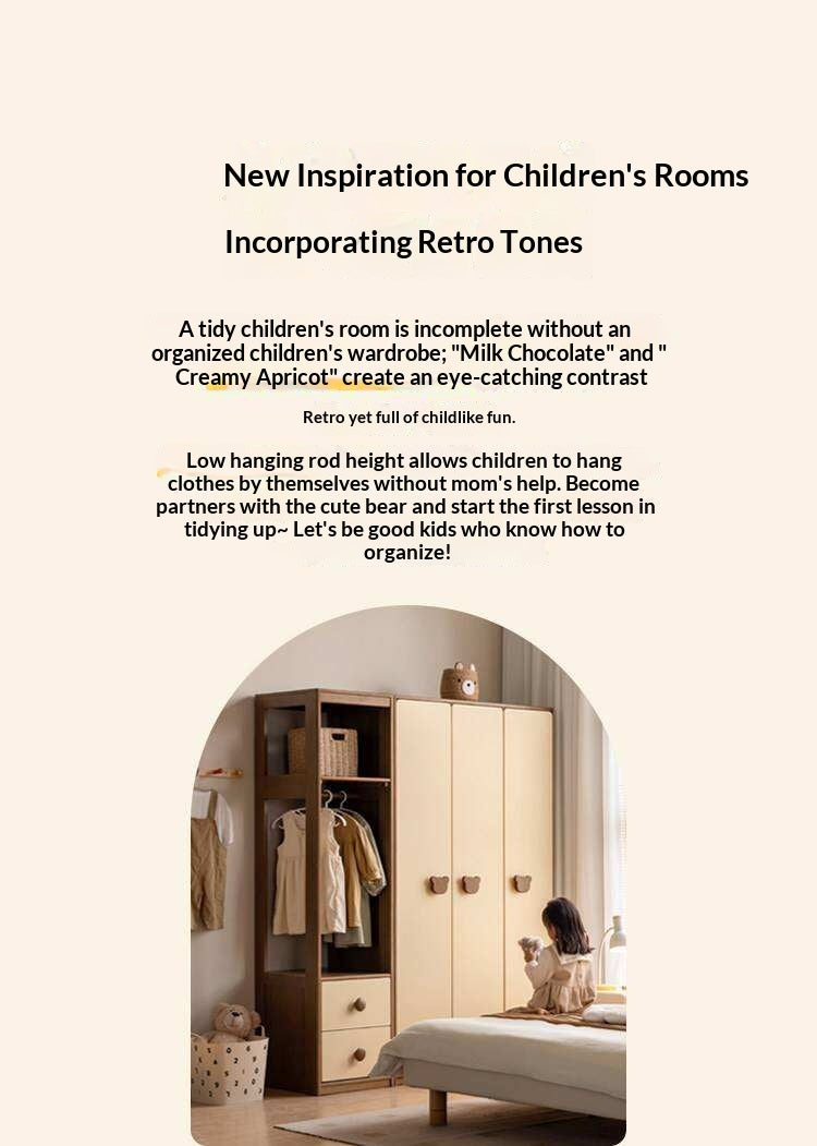 Solid RubberWood Kids Wardrobe Closet with Bear Handles and Storage Drawers
