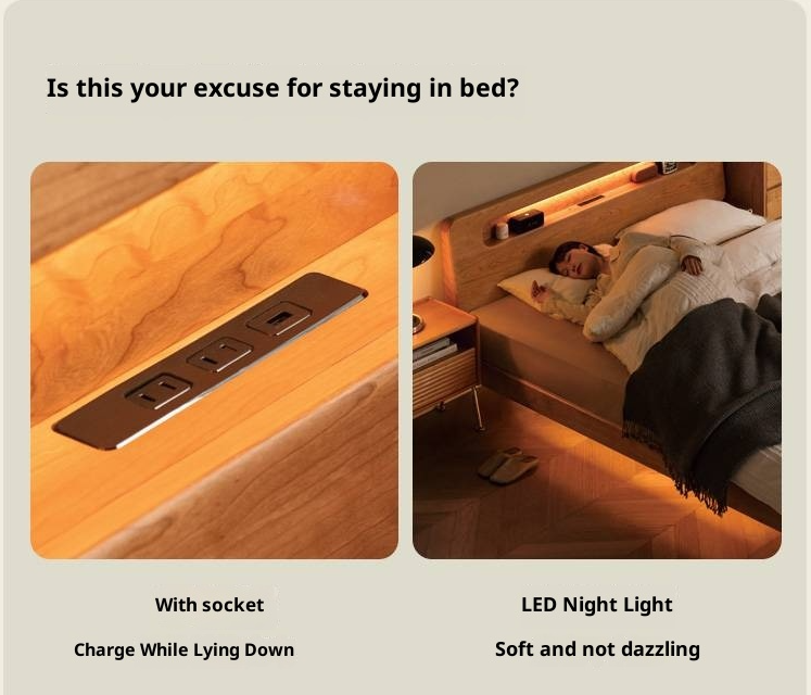 Cherry Solid Wood Retro with Socket Night Light Bed