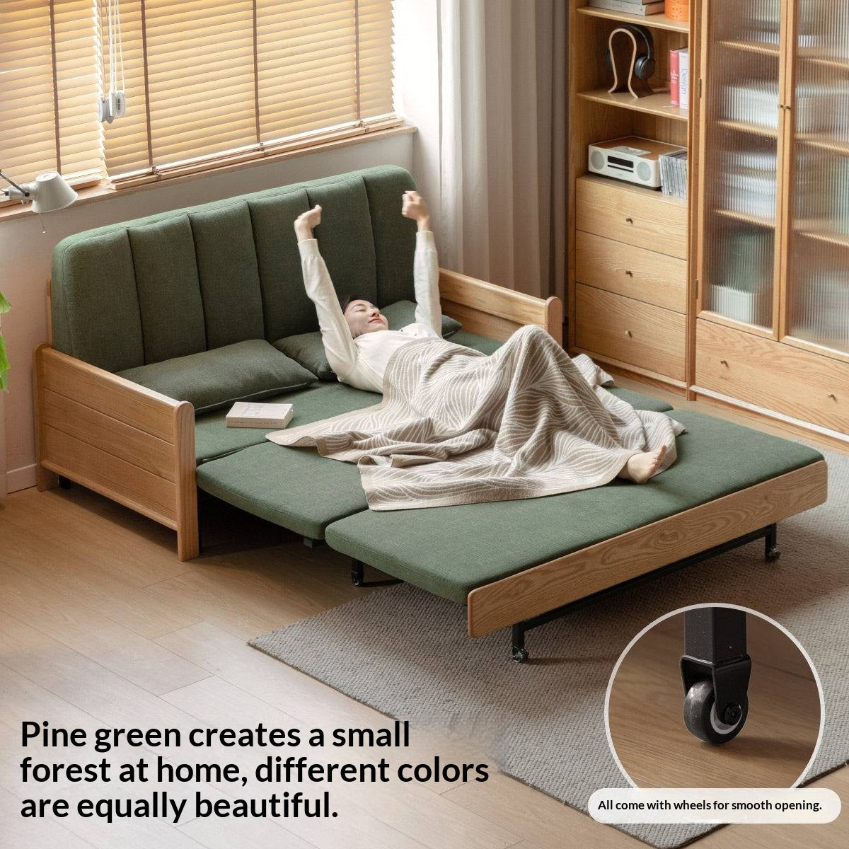Ash, Oak Solid Wood Sleeper Sofa with Solid Wood Armrests and Built-In Wheels