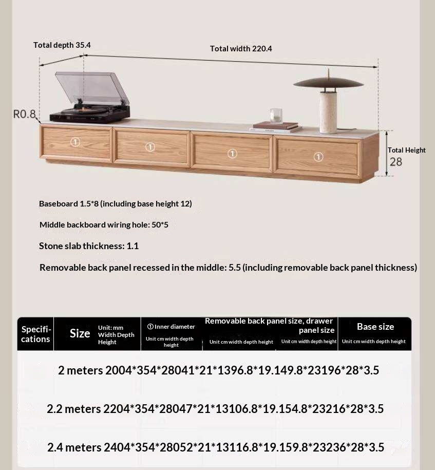Oak Solid Wood TV Stand with Integrated Storage and Stone Top Panel