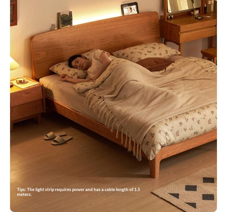 Cherry Solid Wood Bed — Retro Simple Luminous Bed with Charging and Storage