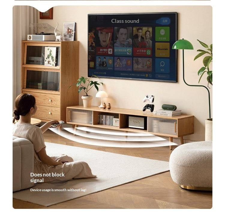 Solid RubberWood, Oak Solid Wood TV Stand Glass Sliding Door