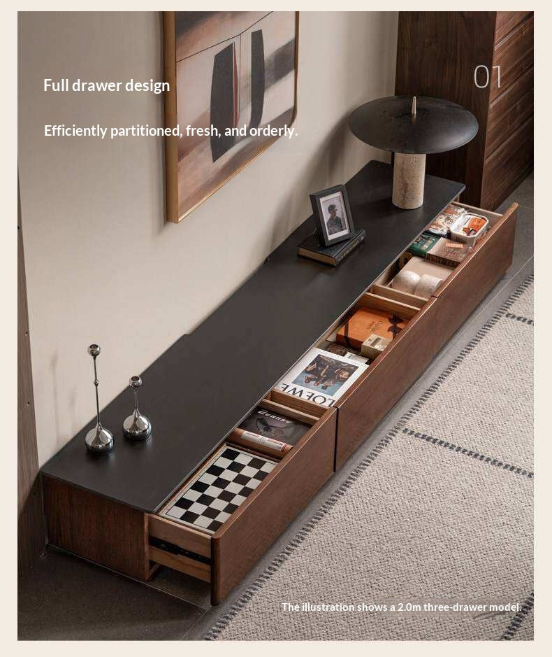 Catalpa Solid Wood TV Cabinet with Storage Drawers, Media Console with Slate Top