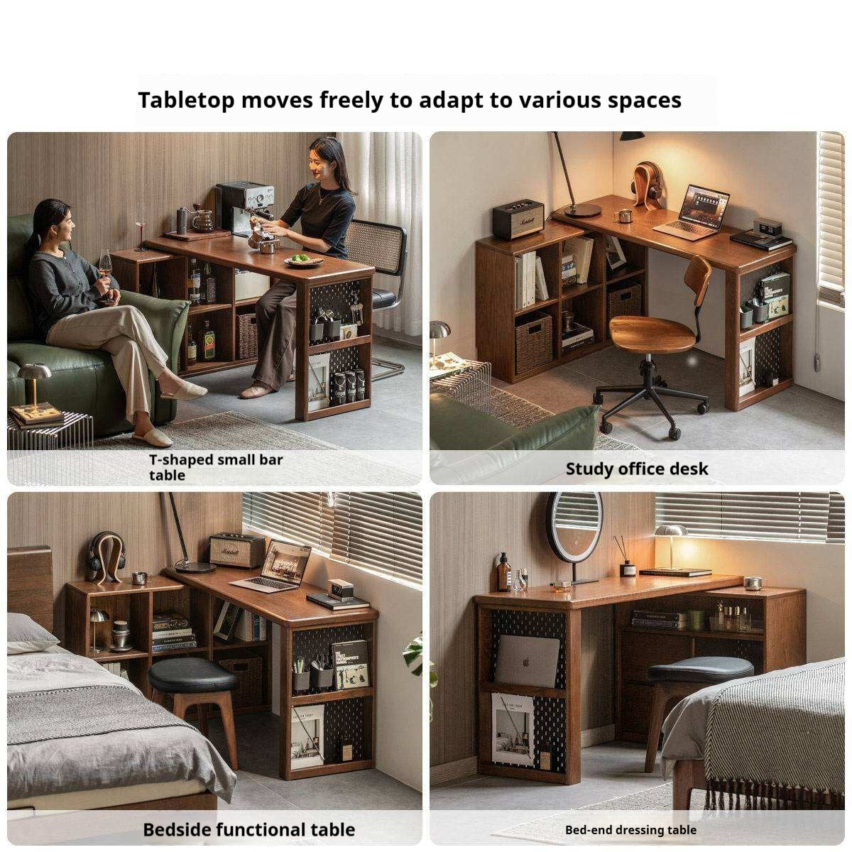 Solid Rubberwood, Oak Solid Wood Telescopic Corner Office Desk