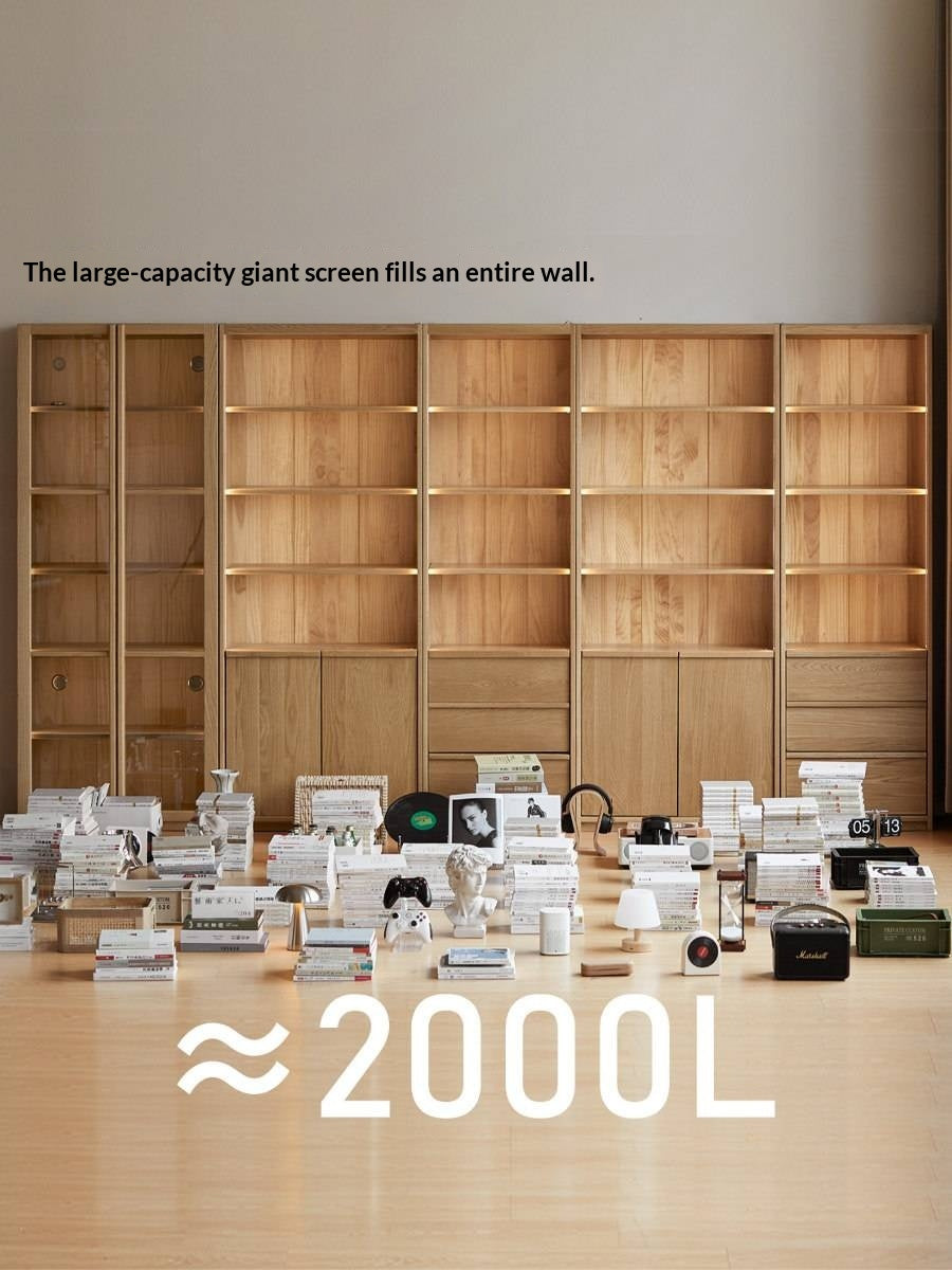 White Oak Solid Wood Bookcase and Display Cabinet with Glass Doors and Built-In Lights