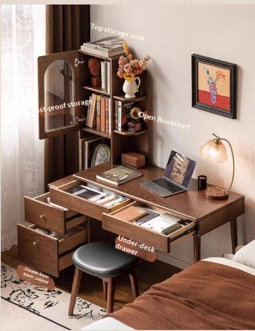 Oak Solid Wood Telescopic Desk with Integrated Bookshelf
