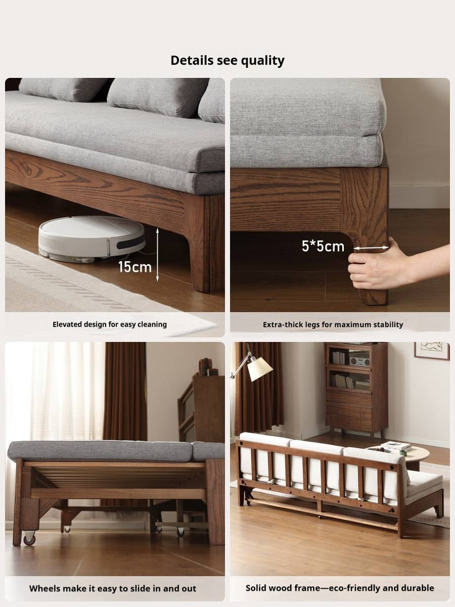 Oak Solid Wood Pull-Out Sofa Bed with Extended Sleeping Platform
