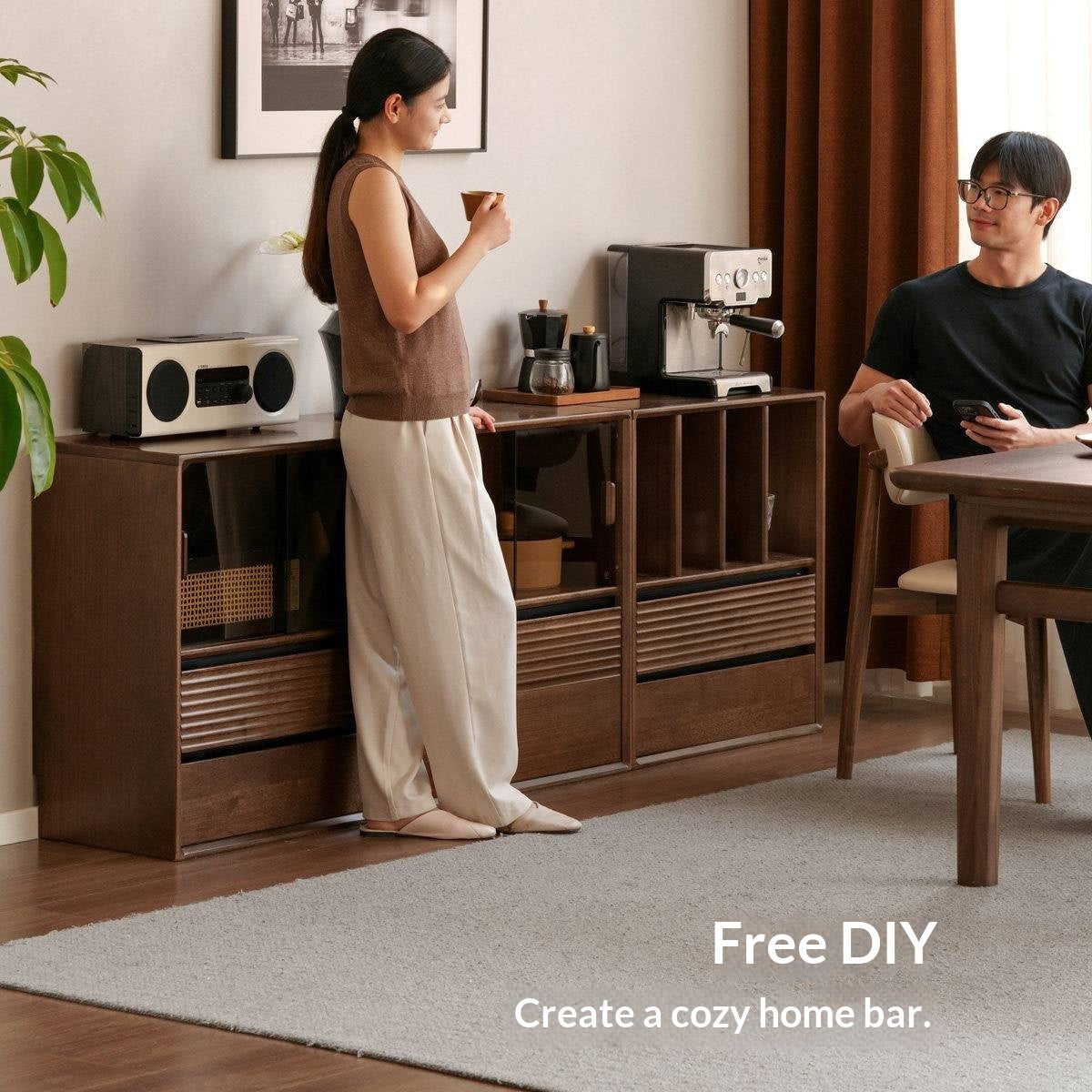 Golden Sandalwood Solid Wood Wall-Mounted Bookcase with Free Combination Grid Design