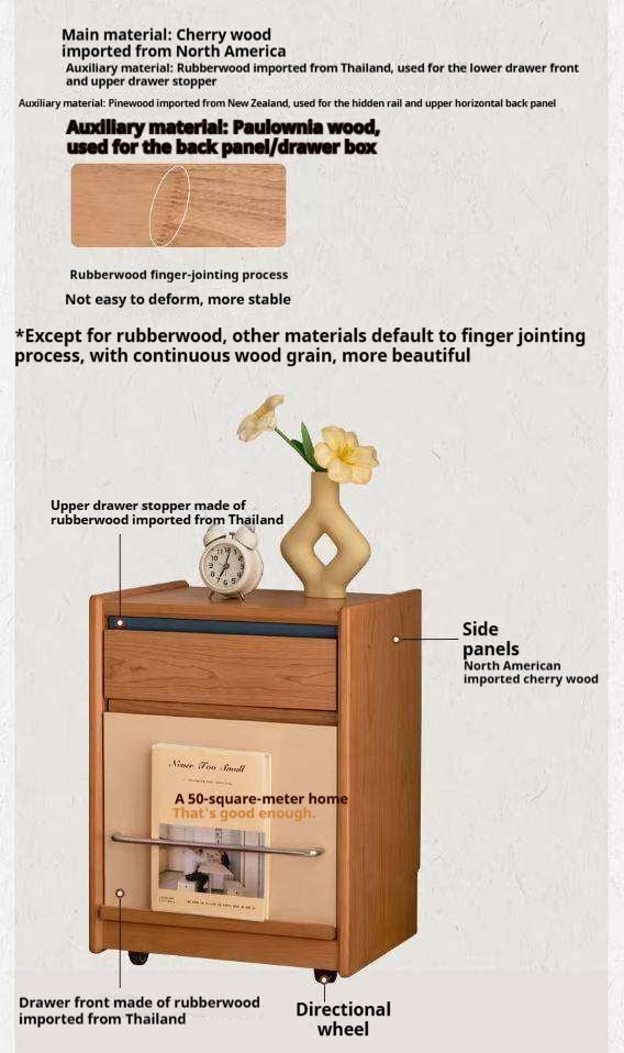 Cherry Solid Wood Nightstand with Storage Drawer and Magazine Holder with Wheels