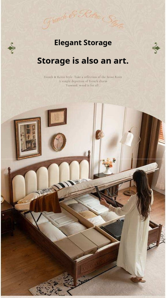 Oak Solid Wood Box Bed with Upholstered Vertical Channel Tufted Arched Headboard